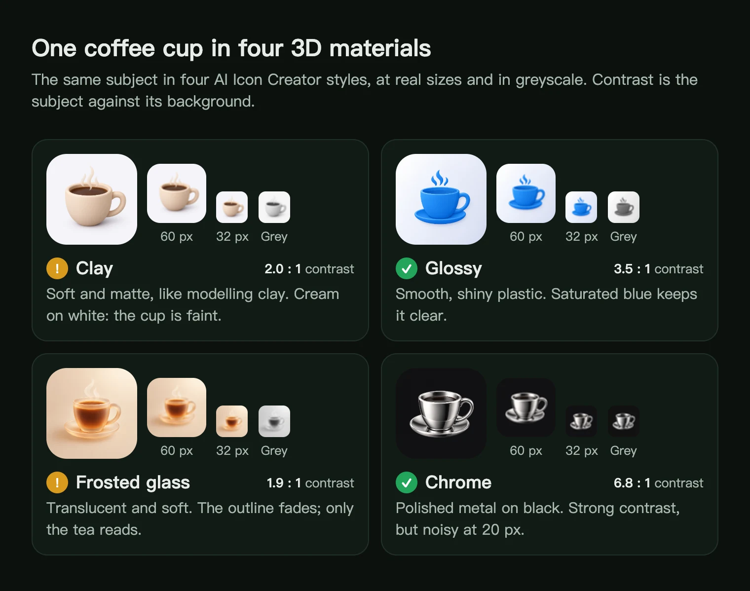 A coffee cup app icon in clay, glossy, frosted glass and chrome 3D styles, shown at 60 and 32 px and in greyscale with contrast ratios