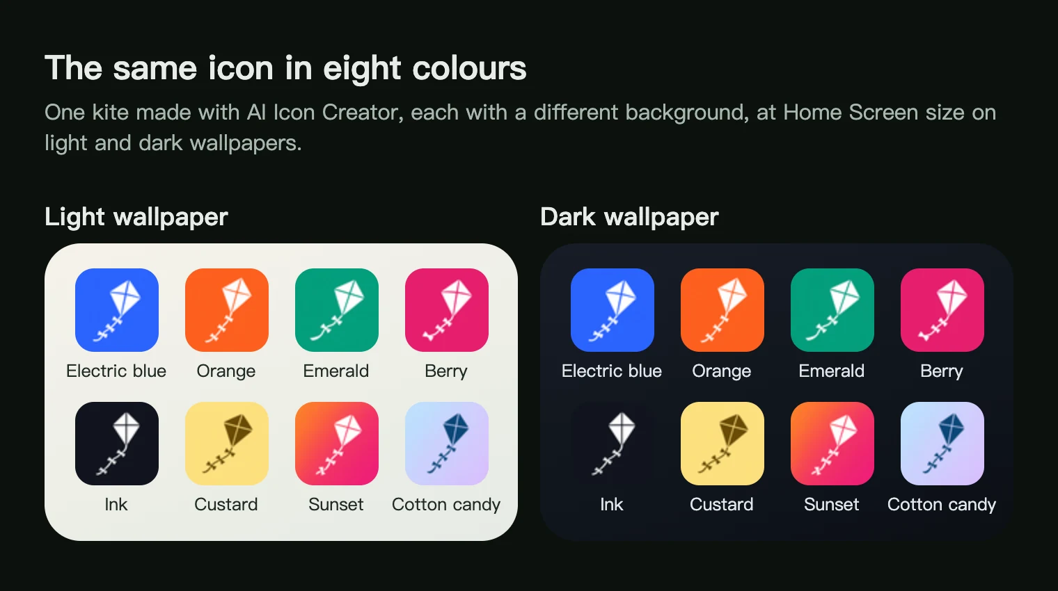 The same kite app icon in eight background colours on a light and a dark wallpaper