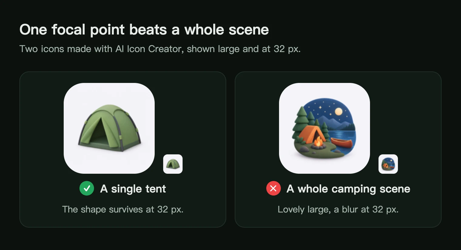 A single tent app icon and a busy camping scene icon, each shown large and at 32 px