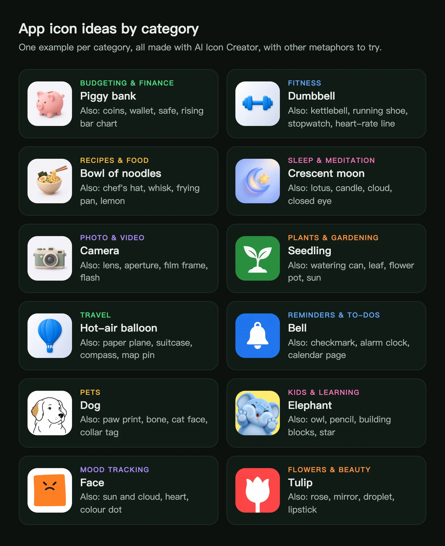 App icon ideas for 12 categories: a piggy bank, dumbbell, bowl of noodles, crescent moon, camera, seedling, hot-air balloon, bell, dog, elephant, face and tulip