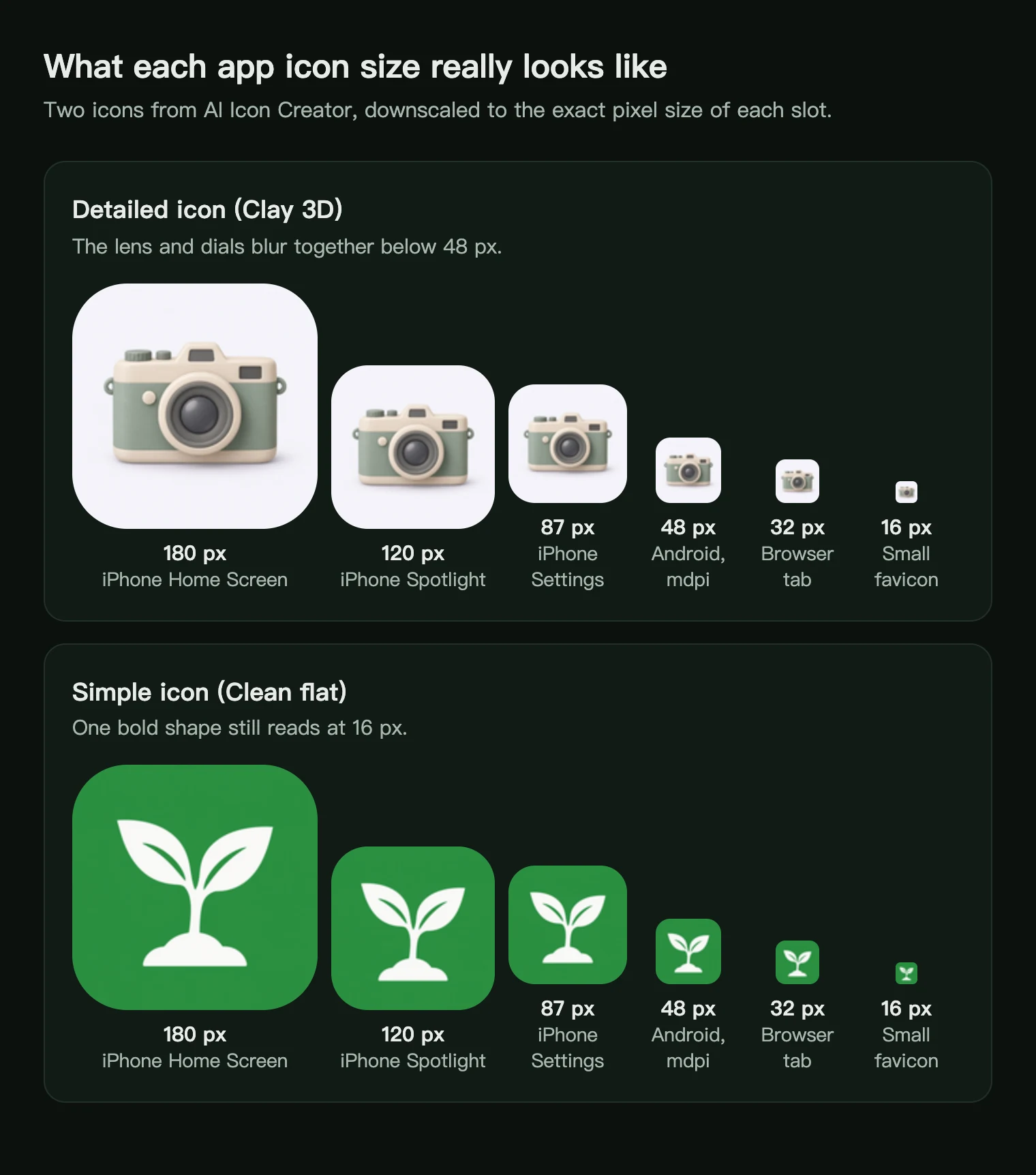 A detailed clay 3D camera icon and a simple flat seedling icon at 180, 120, 87, 48, 32 and 16 px