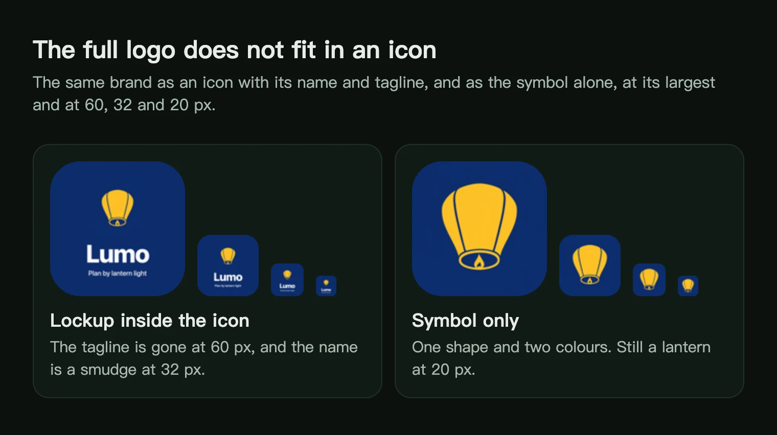 A lantern app icon with the name Lumo and a tagline inside it, and the lantern symbol alone, each at full size and at 60, 32 and 20 px