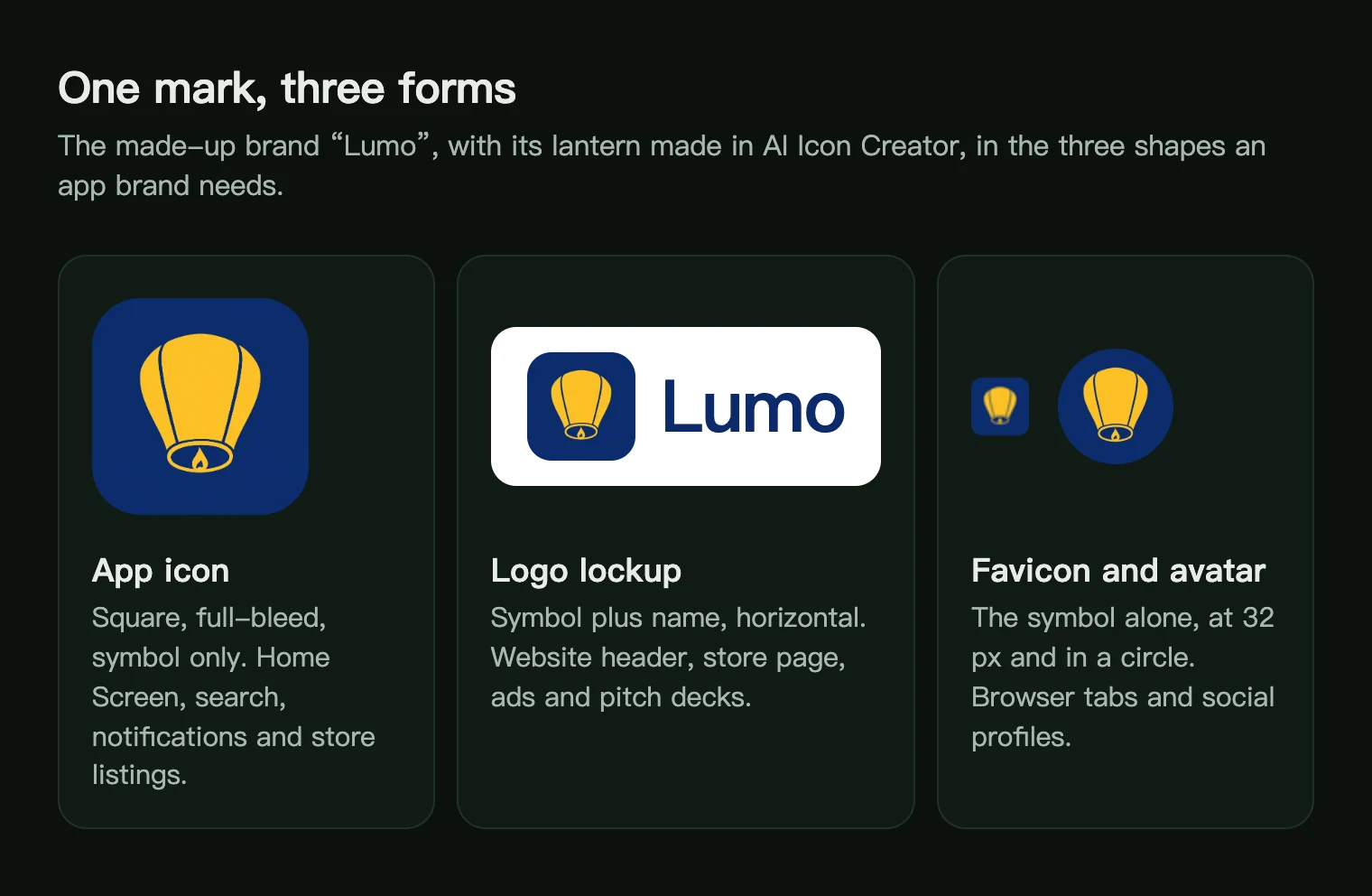 The lantern symbol as an app icon, as a horizontal logo lockup with the name Lumo and as a favicon and circular avatar