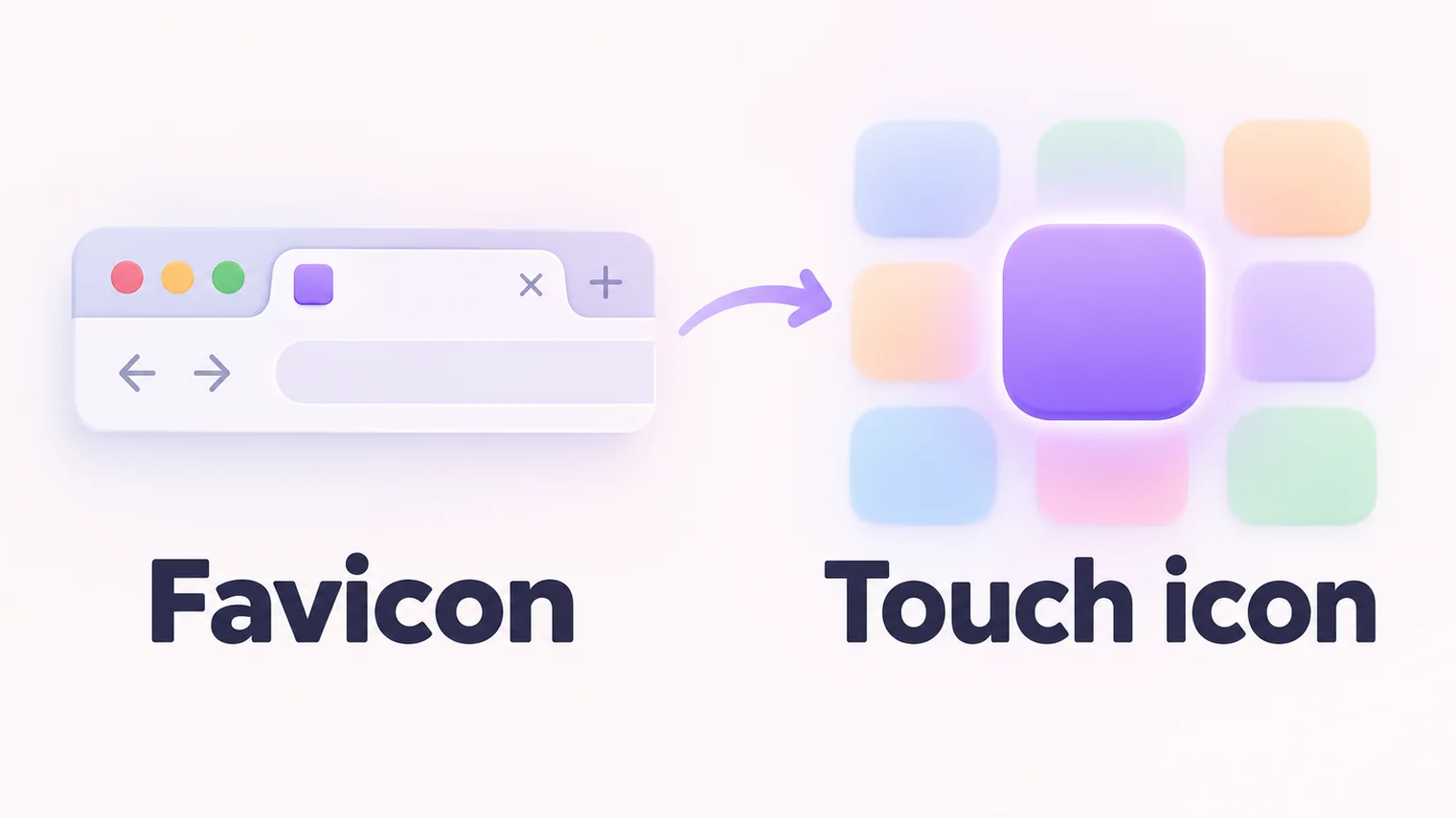 An illustration of the difference between a favicon in a browser tab and the larger Apple touch icon on a Home Screen