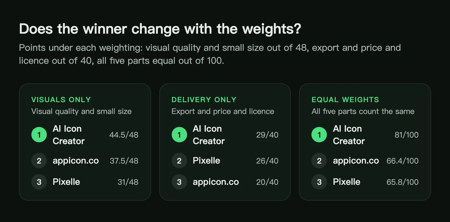 The ranking of AI Icon Creator, appicon.co and Pixelle under three weightings: visuals only, delivery only and equal weights