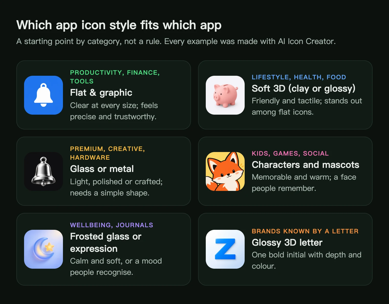 App icon style by app type: flat for productivity, soft 3D for lifestyle, glass or metal for premium, characters for kids and games