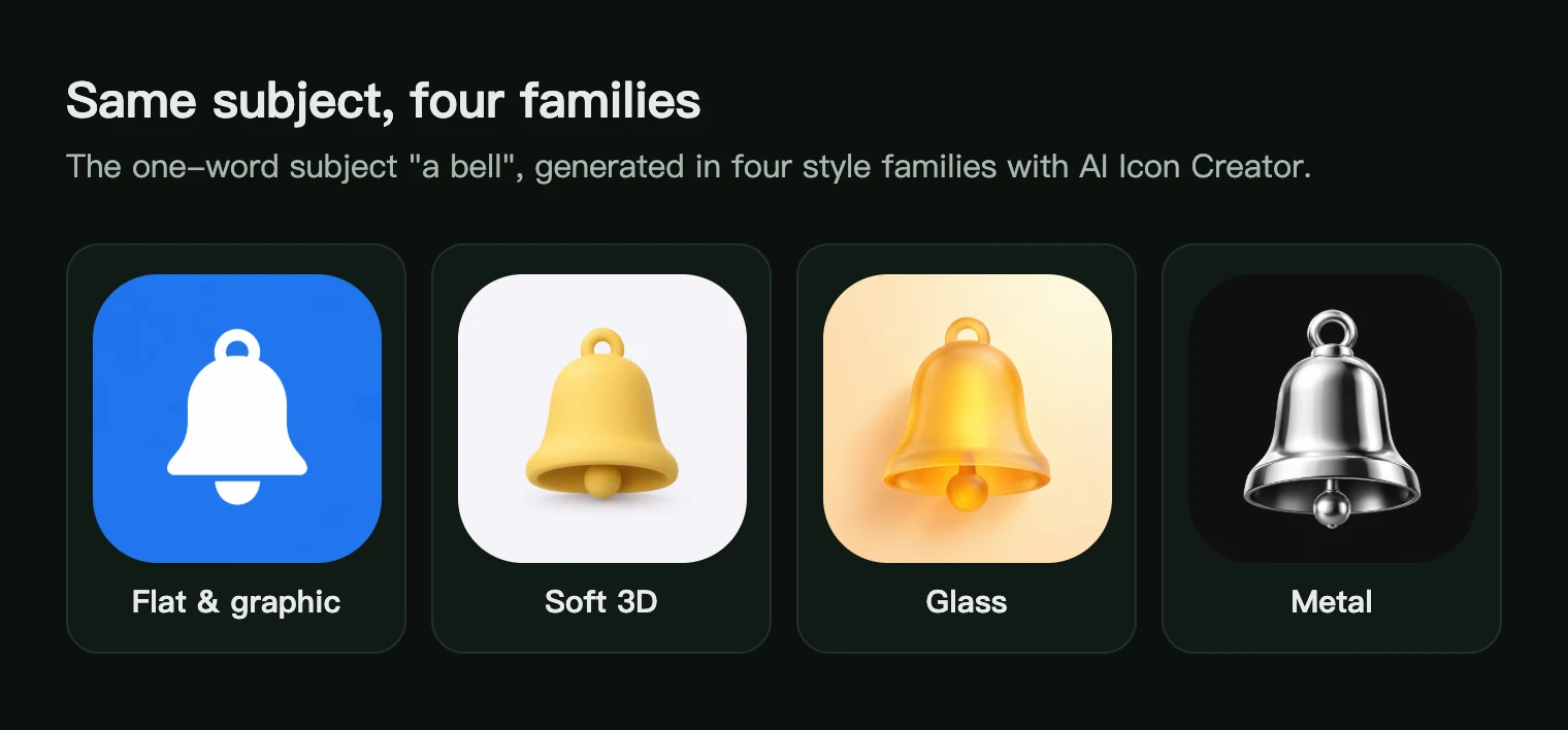 The same bell app icon in flat, soft 3D, glass and metal styles