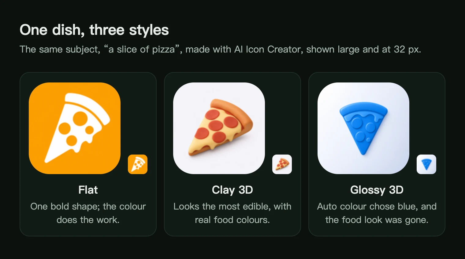 A slice of pizza as a flat white icon on orange, a clay 3D icon with pepperoni and a blue glossy 3D icon, each large and at 32 px