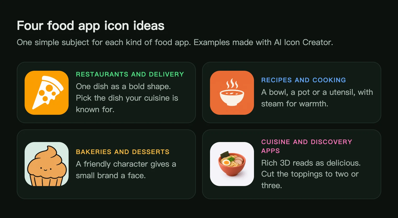 Four food app icon ideas: a pizza slice, a steaming bowl, a smiling cupcake character and a ramen bowl