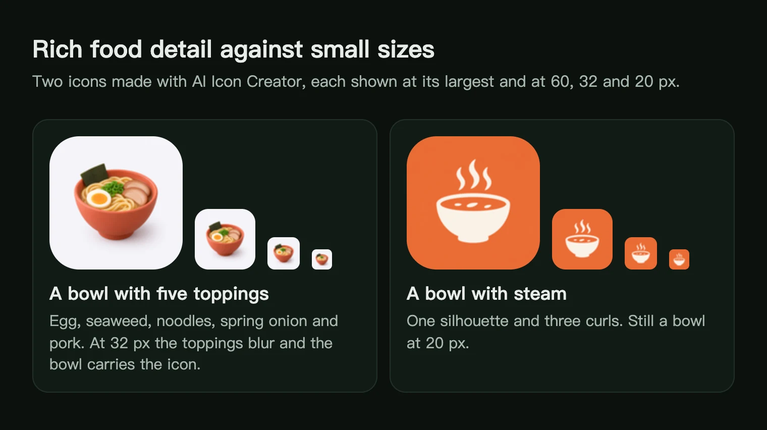 A ramen bowl with five toppings and a flat steaming bowl icon, each shown large and at 60, 32 and 20 px