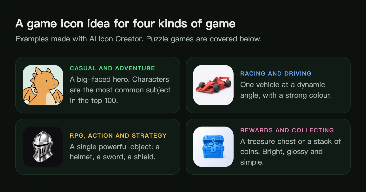 Four game icon ideas: a dragon for casual and adventure games, a race car, a knight helmet and a treasure chest