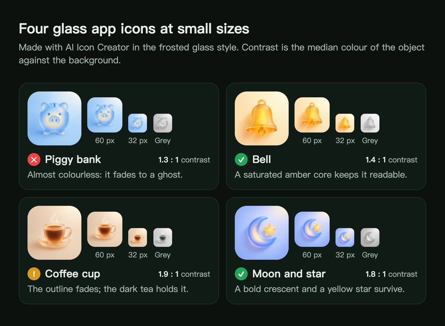Four frosted glass app icons (piggy bank, bell, coffee cup, moon and star) at 60 and 32 px and in greyscale, with contrast ratios