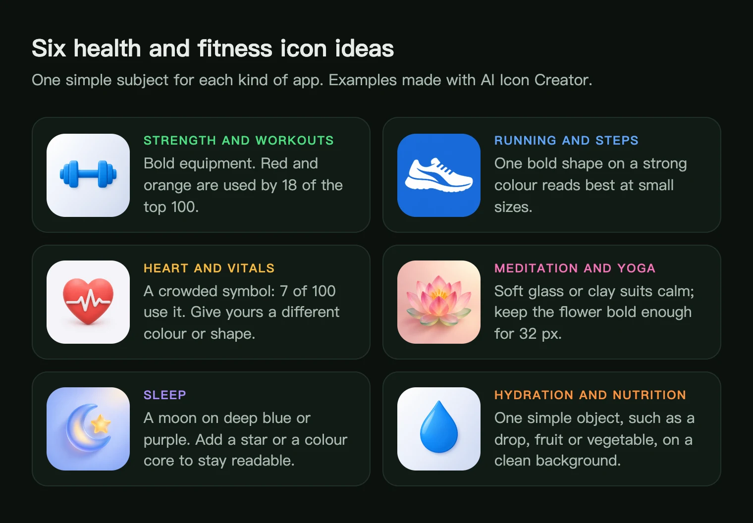 Six health and fitness app icon ideas: dumbbell, running shoe, heart with pulse, lotus, moon and star, water drop
