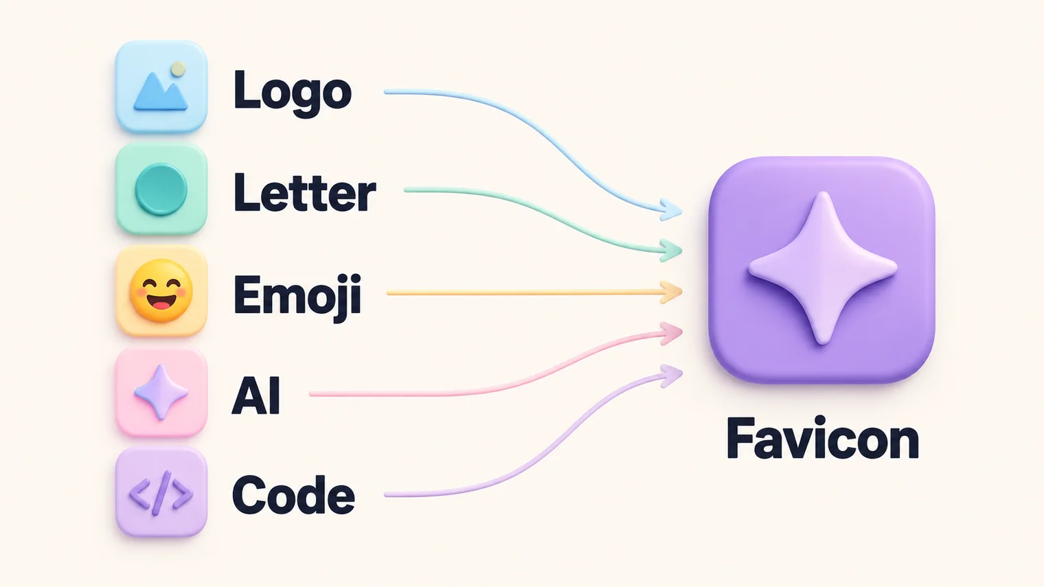 An illustration of five ways to make a favicon, labelled Logo, Letter, Emoji, AI and Code, all leading to one tile labelled Favicon