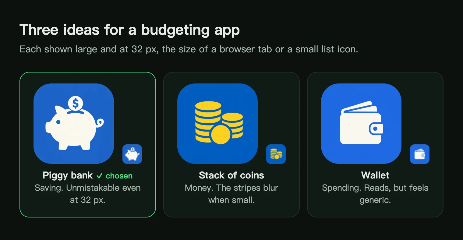 Three app icon ideas for a budgeting app, a piggy bank, a stack of coins and a wallet, shown at 180 px and 32 px