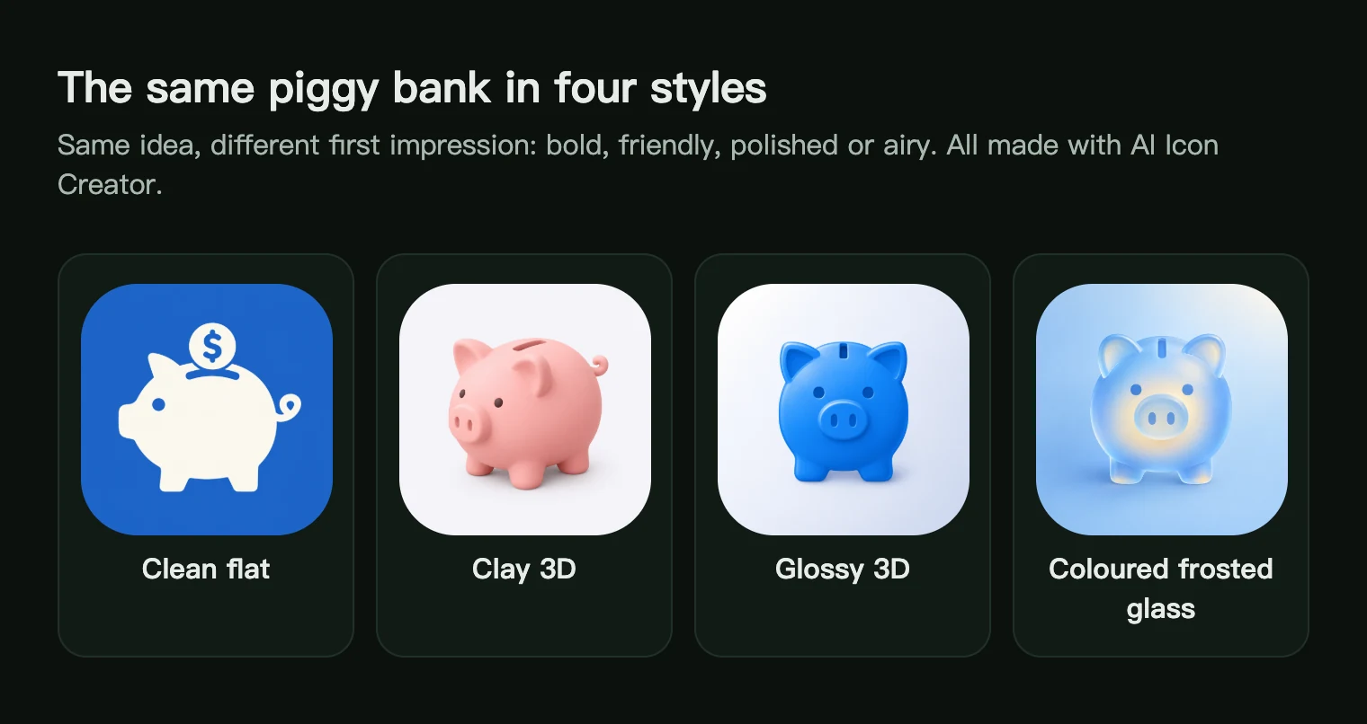 The same piggy bank app icon in four styles: Clean flat, Clay 3D, Glossy 3D and Coloured frosted glass