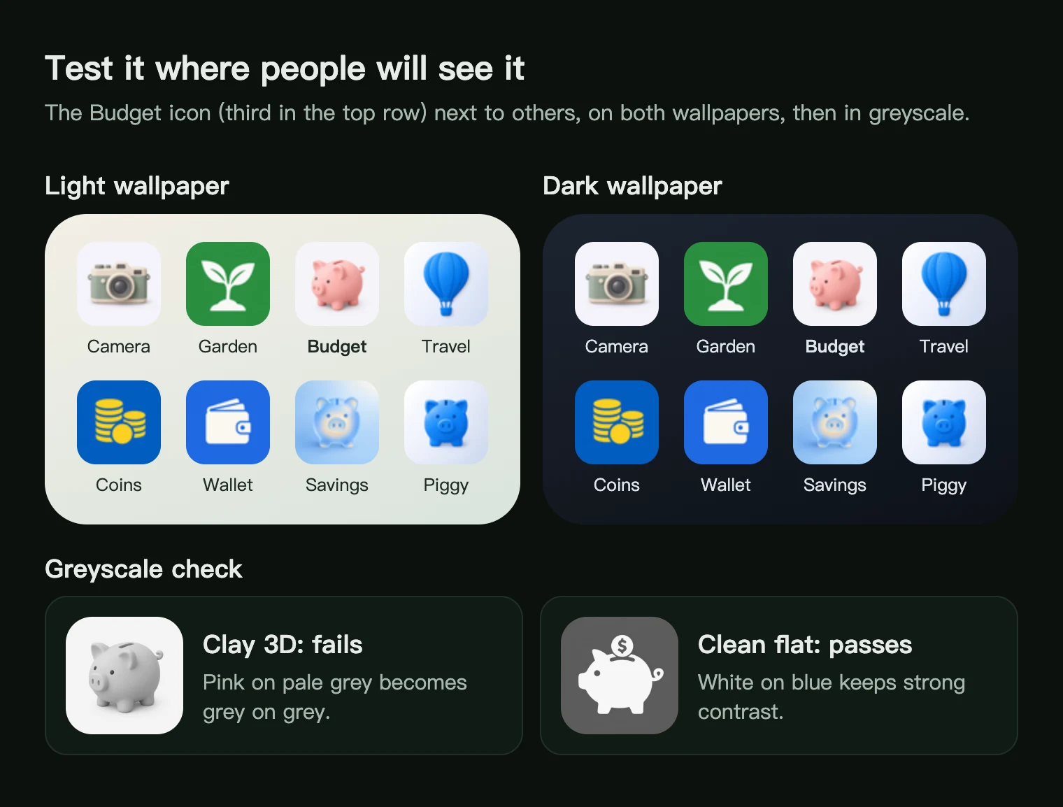 The budgeting app icon on light and dark Home Screen wallpapers among other icons, and a greyscale check of two versions