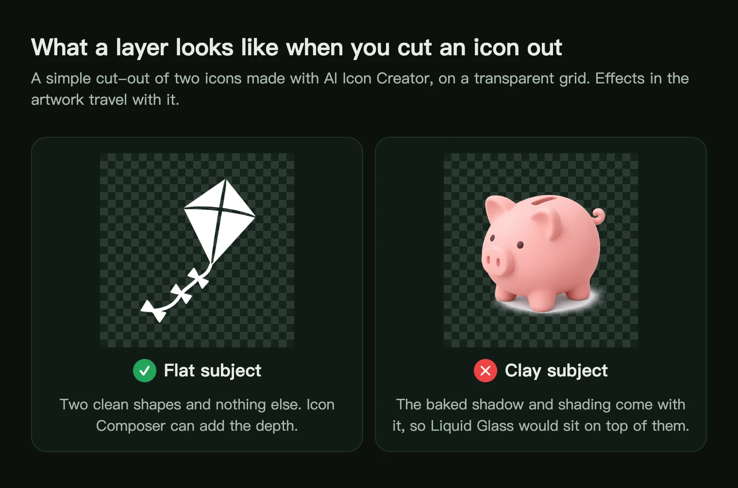 A cut-out of a flat white kite icon on a transparent grid next to a cut-out of a clay piggy bank whose shadow and shading come with it