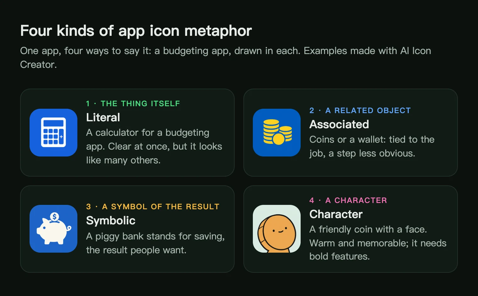 Four app icon metaphors for a budgeting app: a calculator, coins, a piggy bank and a coin character
