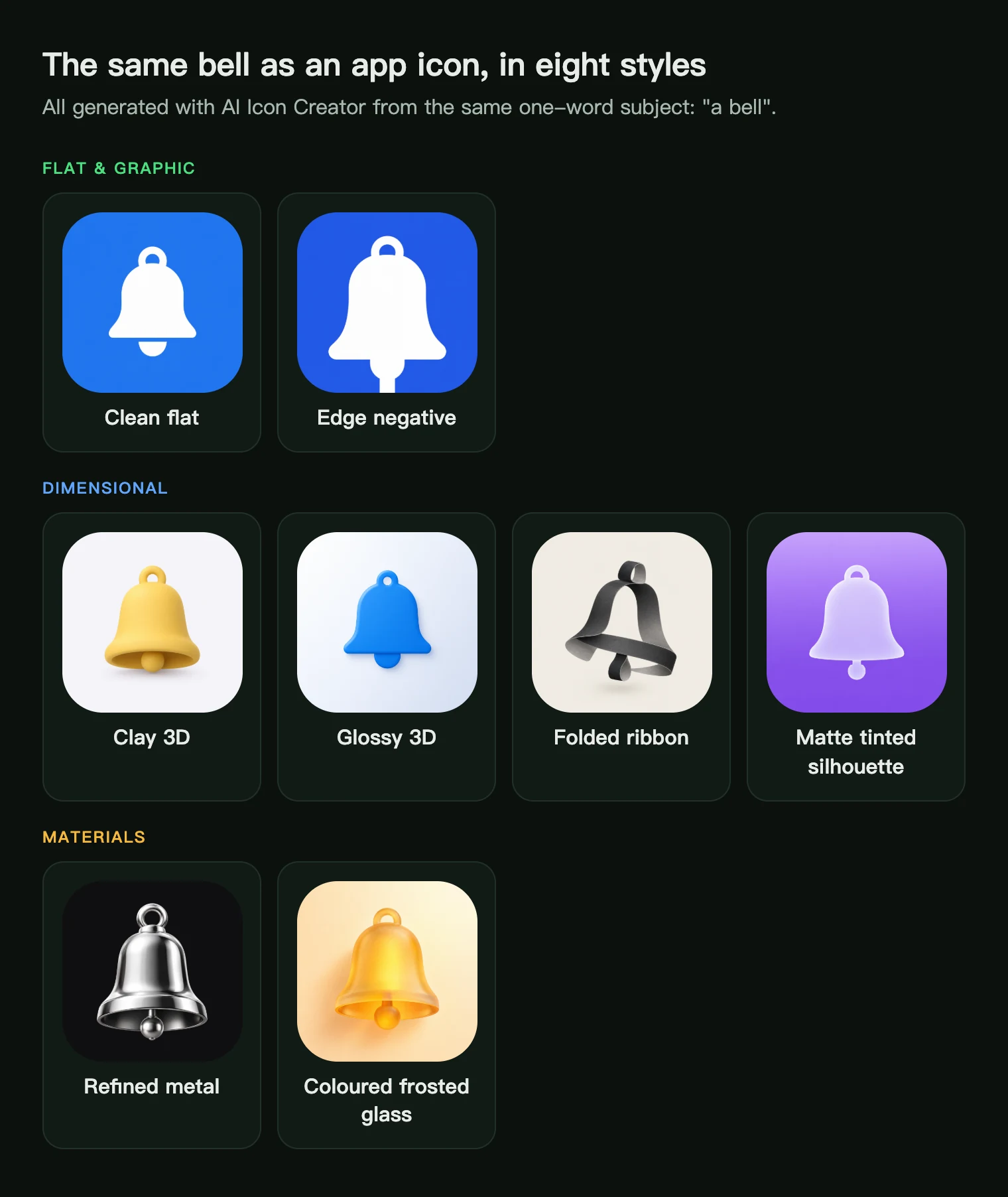 A bell app icon in eight styles grouped as flat and graphic, dimensional, and materials: Clean flat, Edge negative, Clay 3D, Glossy 3D, Folded ribbon, Matte tinted silhouette, Refined metal and Coloured frosted glass