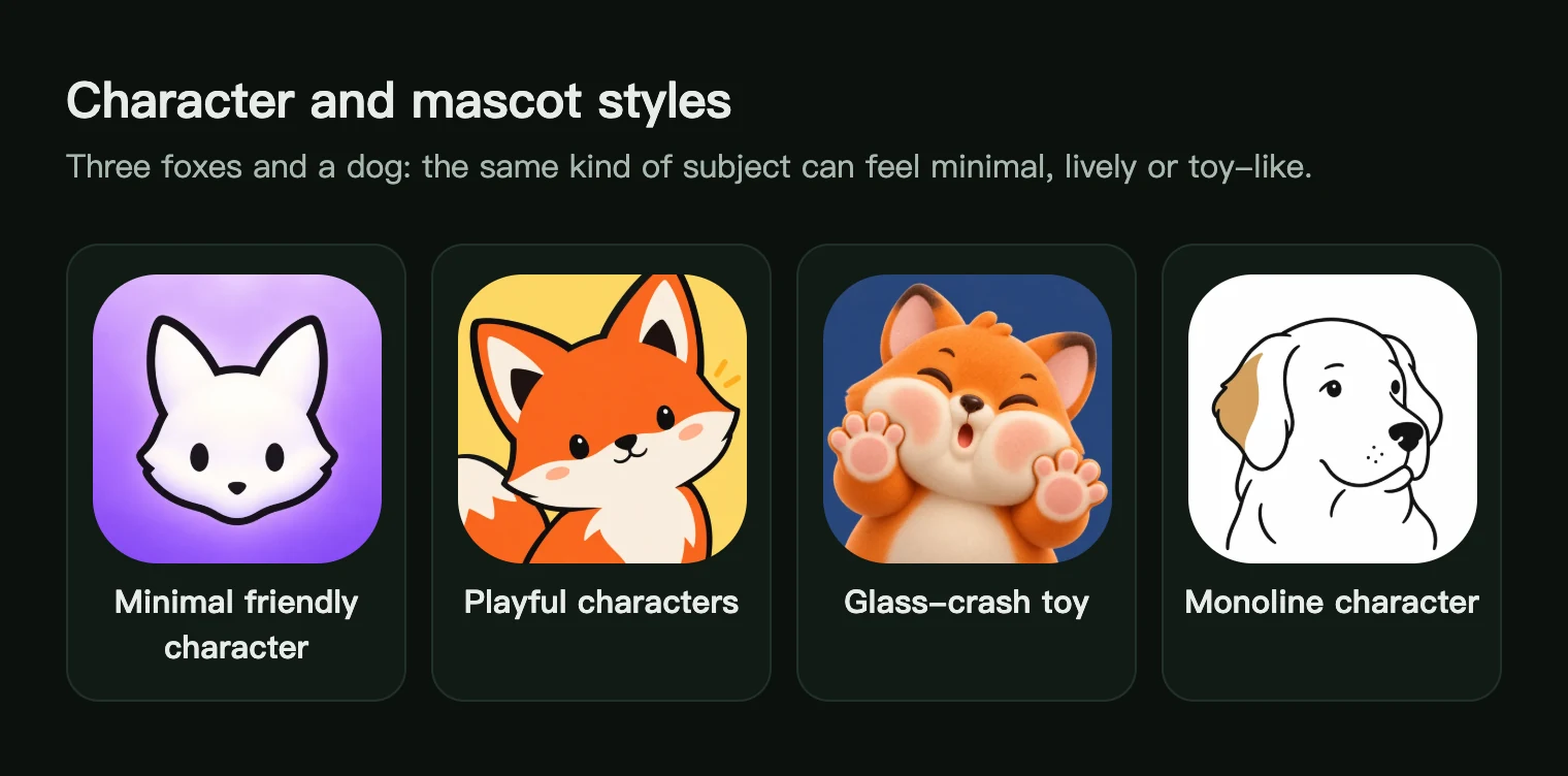 Four character app icon styles: a minimal white fox, a lively flat fox, a soft-toy fox and a line-drawn dog