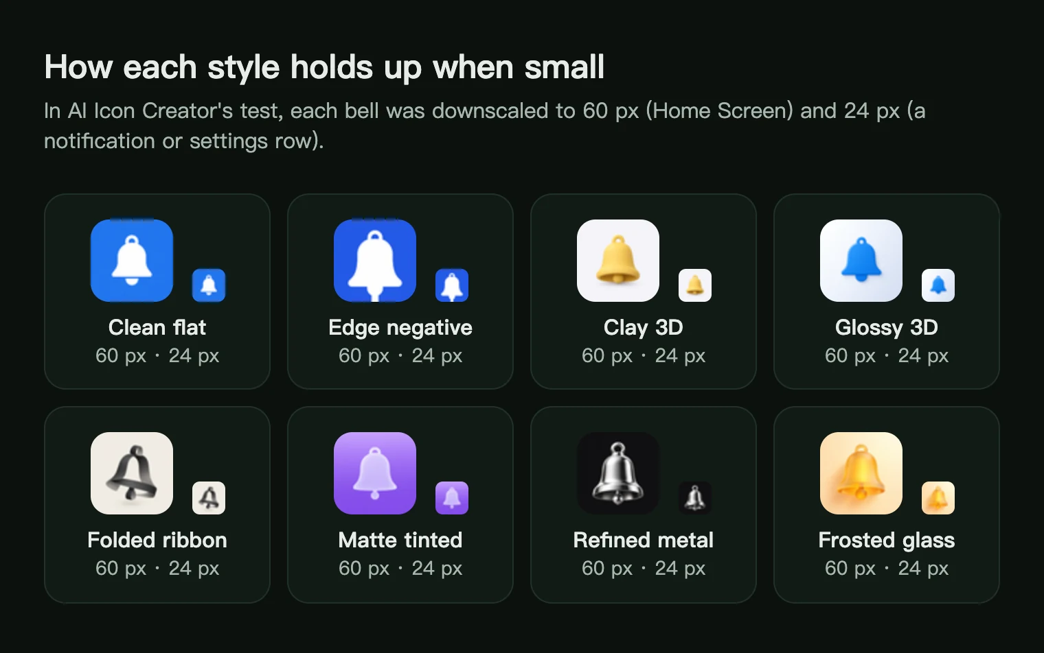 Eight app icon styles of a bell shown at 60 px and 24 px to compare legibility
