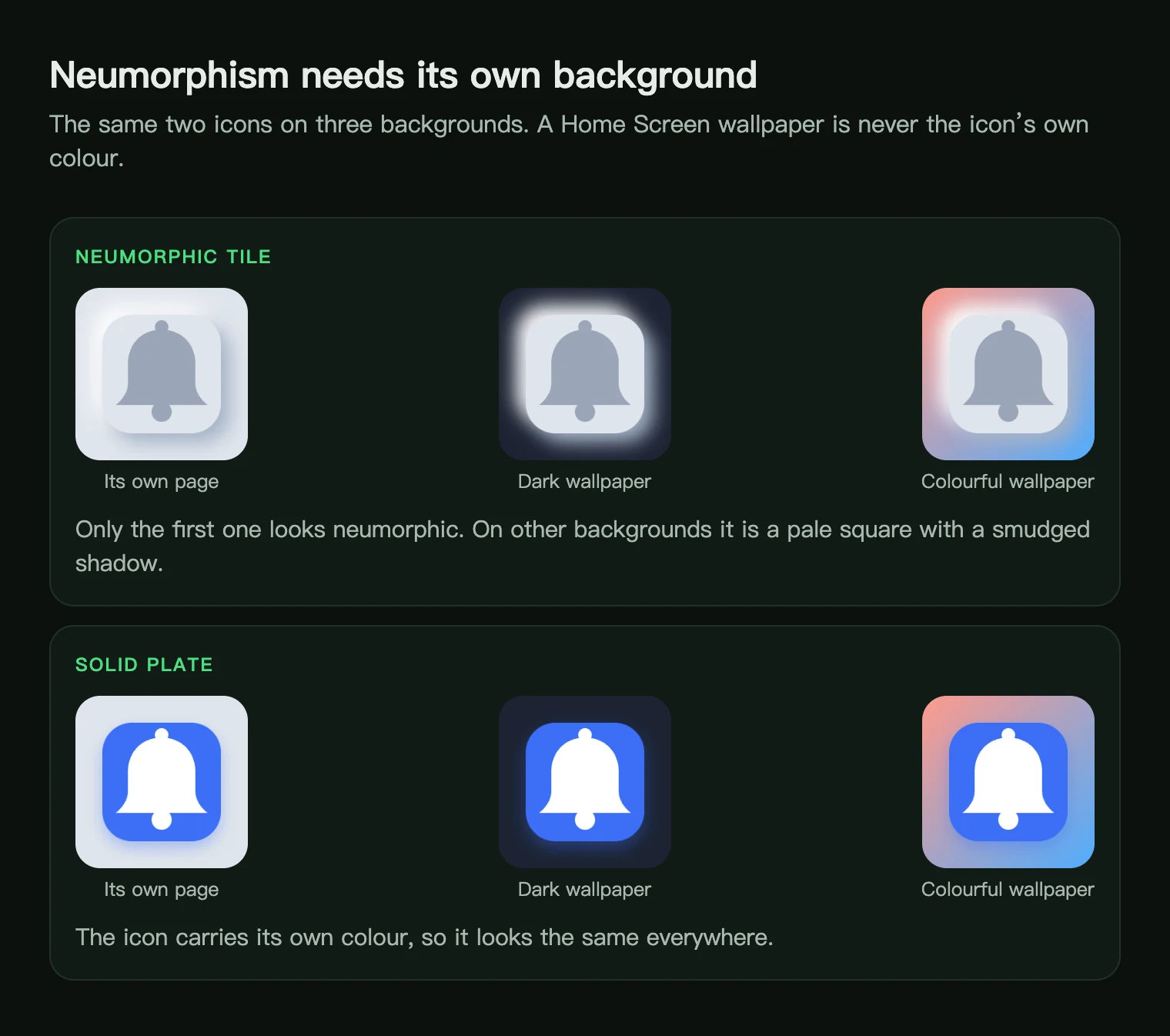 A neumorphic tile and a solid plate icon each shown on their own page, a dark wallpaper and a colourful wallpaper