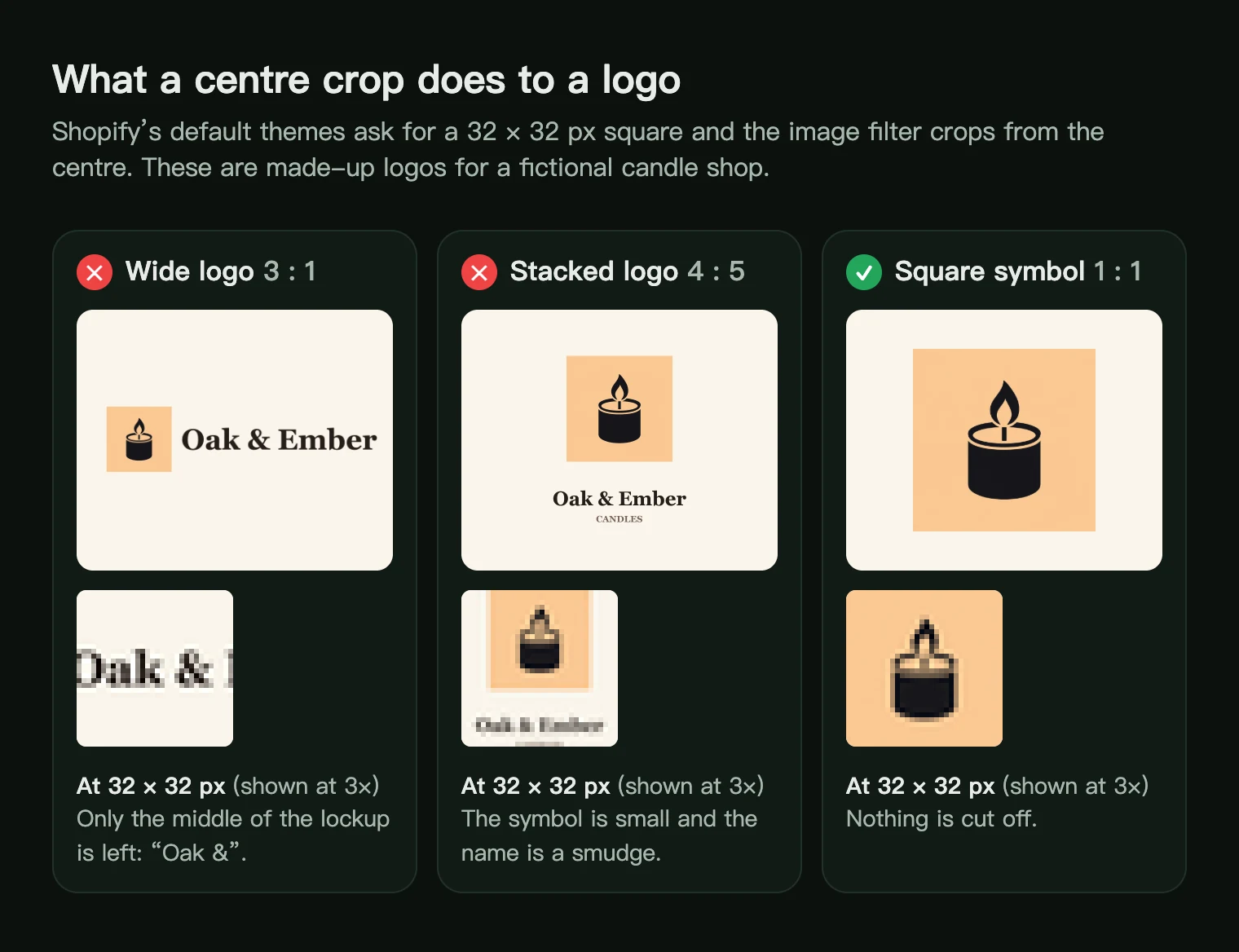 Three logo shapes for a candle shop centre-cropped to 32 px: a wide wordmark cut to Oak and, a stacked logo with a small symbol and a smudge of text, and a square symbol intact