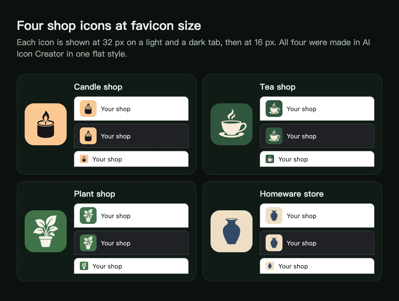 Four shop icons, a candle, a teacup, a plant and a vase, each shown at 32 px on a light tab and a dark tab and at 16 px