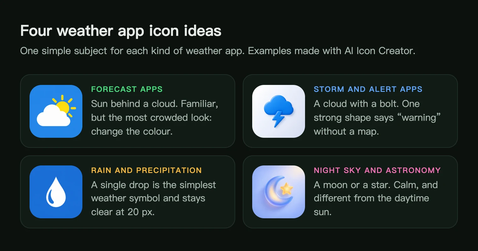 Four weather app icon ideas: a sun behind a cloud, a storm cloud with a bolt, a raindrop and a moon