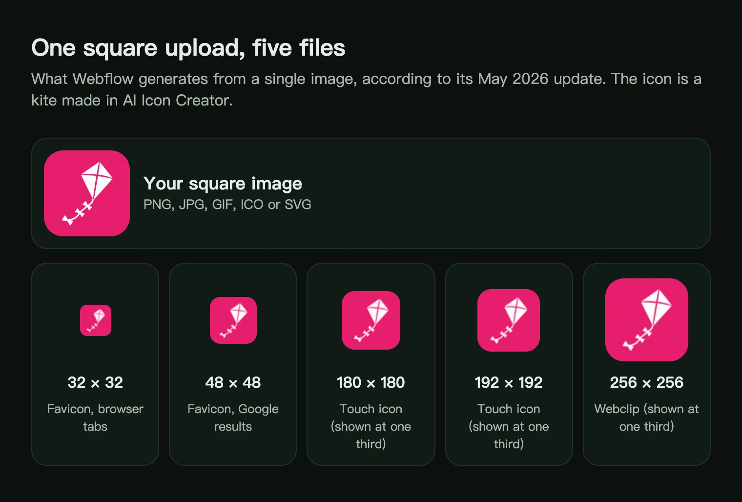 One square kite icon and the five files Webflow generates from it: 32 and 48 px favicons, 180 and 192 px touch icons and a 256 px webclip