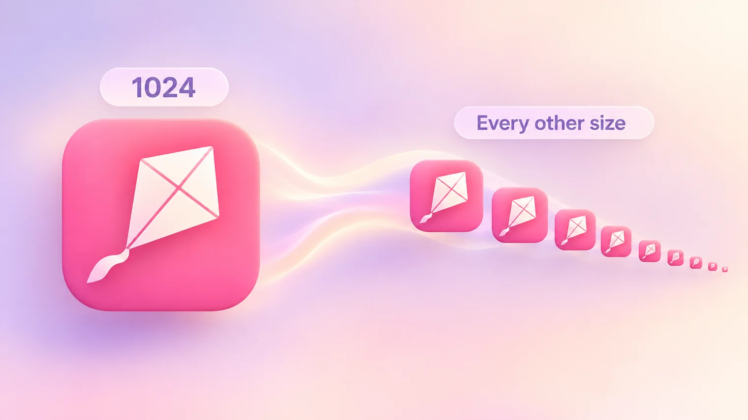 One 1024 px app icon on the left and a staircase of smaller copies on the right, showing that Xcode makes every other size from a single image