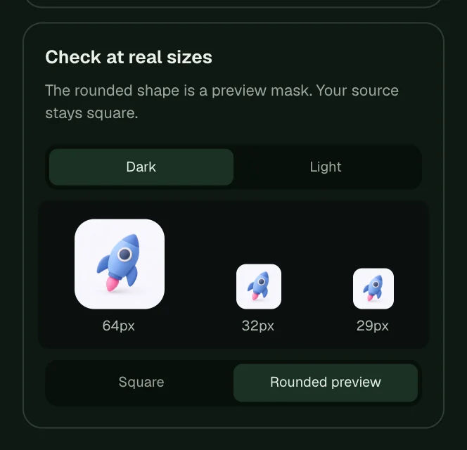 Check at real sizes showing the icon at 64, 32 and 29 pixels with a rounded preview
