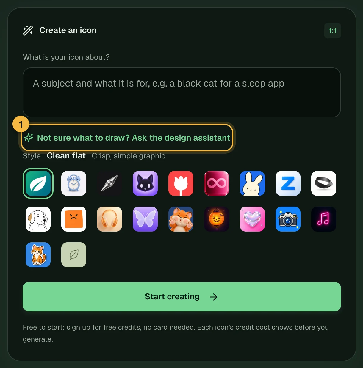 The icon creator on the home page, with the link Not sure what to draw? Ask the design assistant under the description box