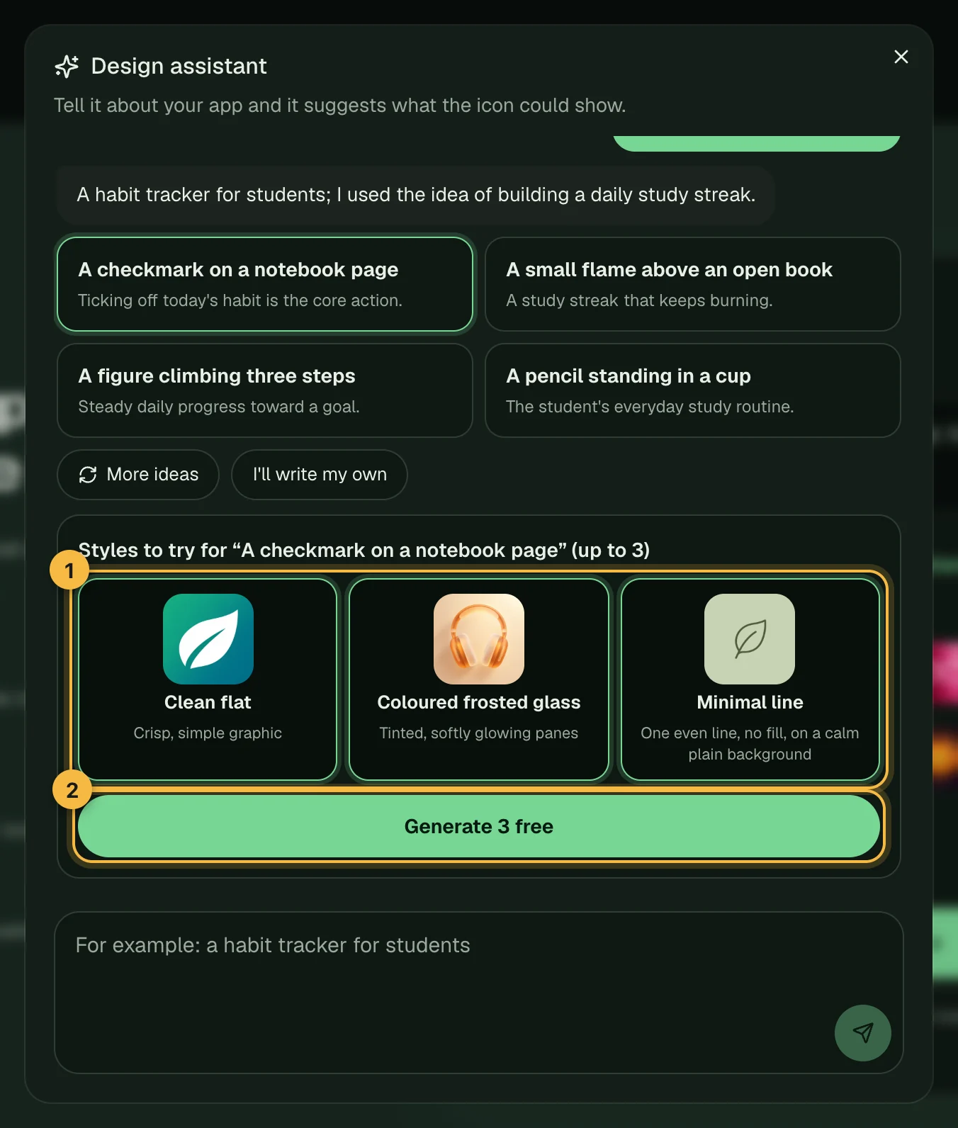 The design assistant after a subject is picked, with three suggested styles ticked and the button reading Generate 3 free