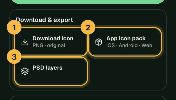 The Download and export panel with Download icon, App icon pack and PSD layers