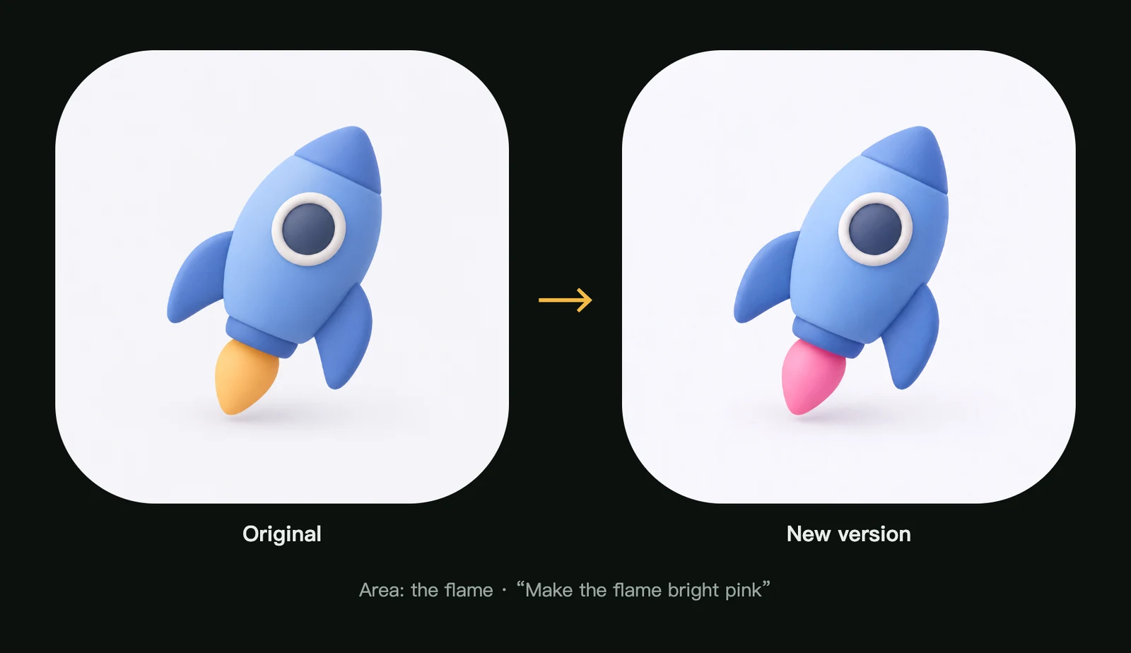 A blue clay rocket before and after an area edit that turned its flame pink