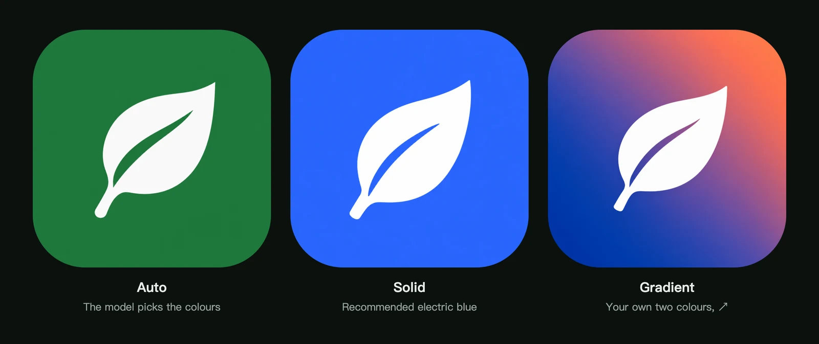 The same leaf icon with automatic colours, a recommended solid blue background and a custom gradient
