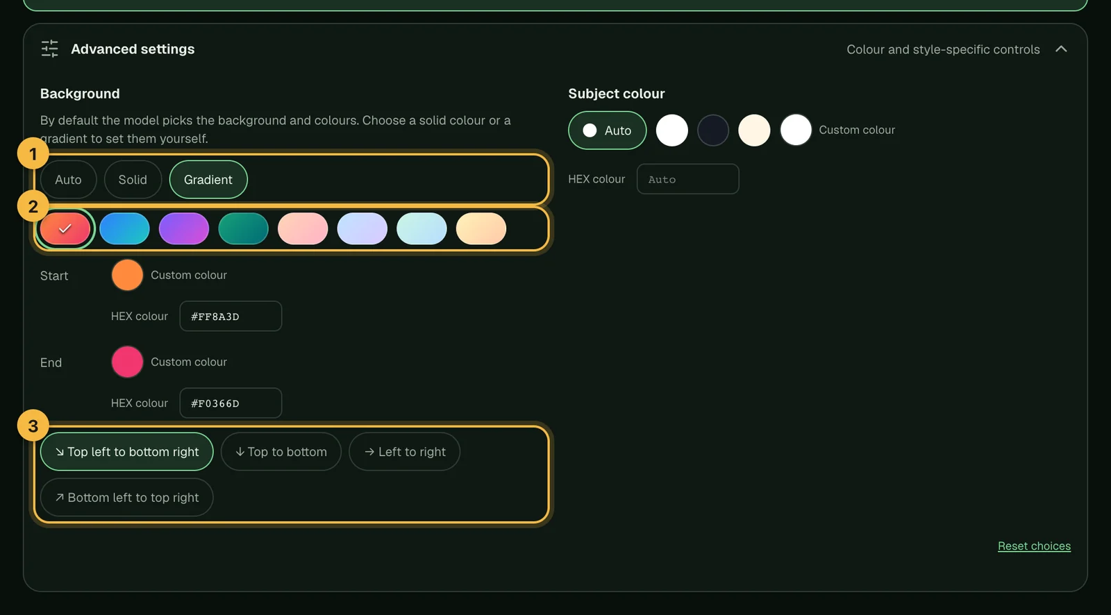 Clean flat background settings with Auto, Solid and Gradient, gradient presets and directions