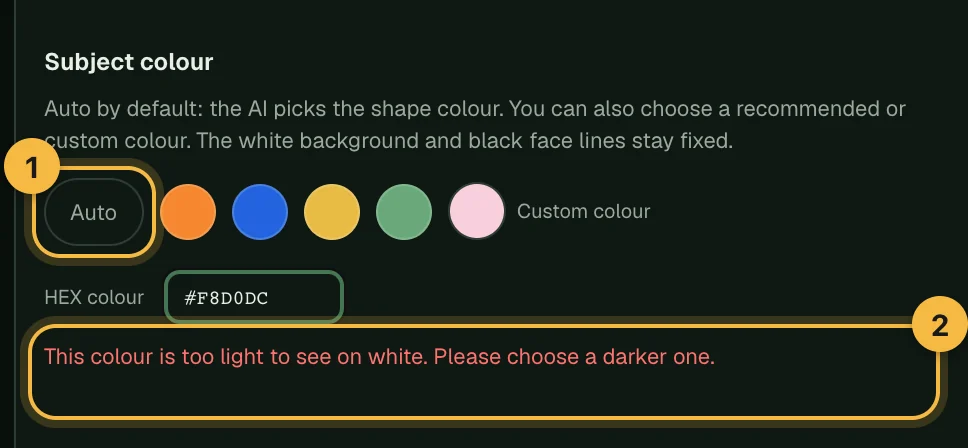 A warning that the chosen colour is too light to see on white
