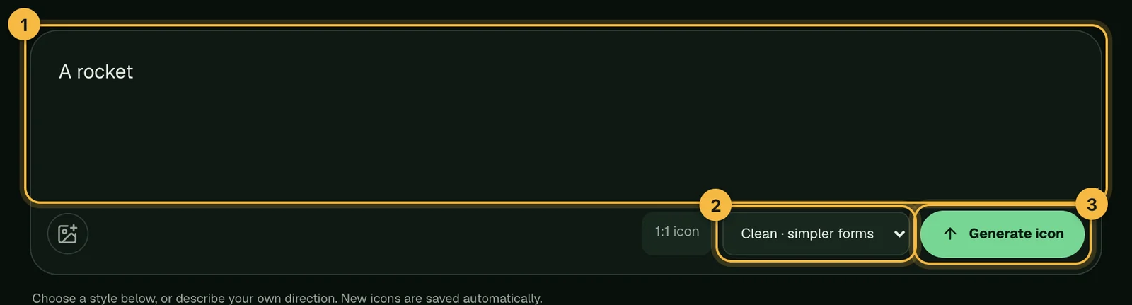 The icon studio's subject box, tier selector and Generate icon button