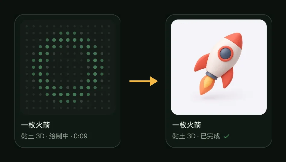 生成中的任务卡片,以及完成后的图标