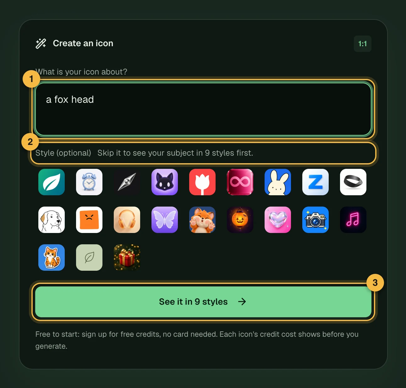 The home page box with a fox head typed in, the Style (optional) row with its style choices and the green See it in styles button
