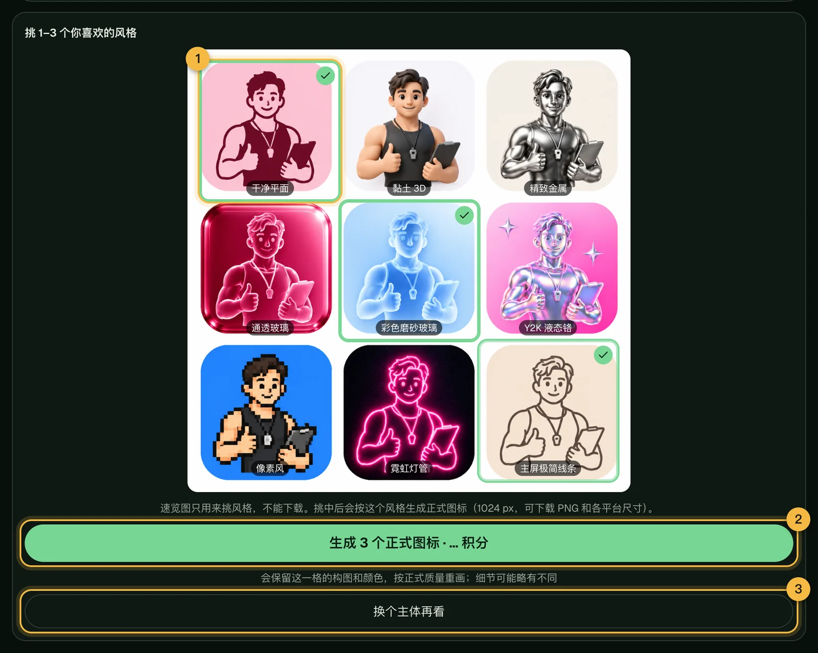 同一个主体画成的一组风格,其中三个被挑中,下面是生成正式图标的按钮和“换个主体再看”