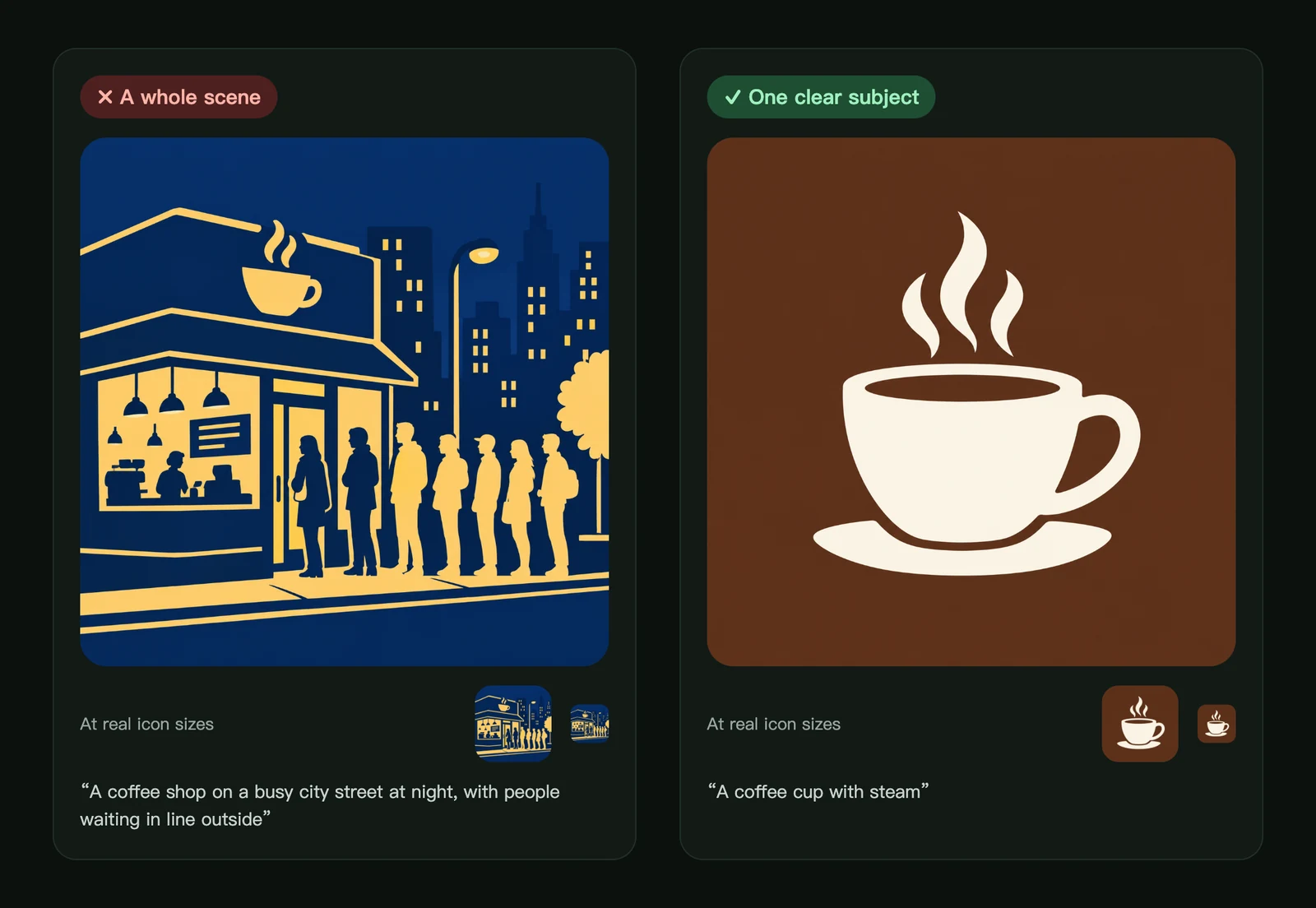 The same style with a busy coffee shop scene compared with a single coffee cup, shown large and at 64 and 32 pixels
