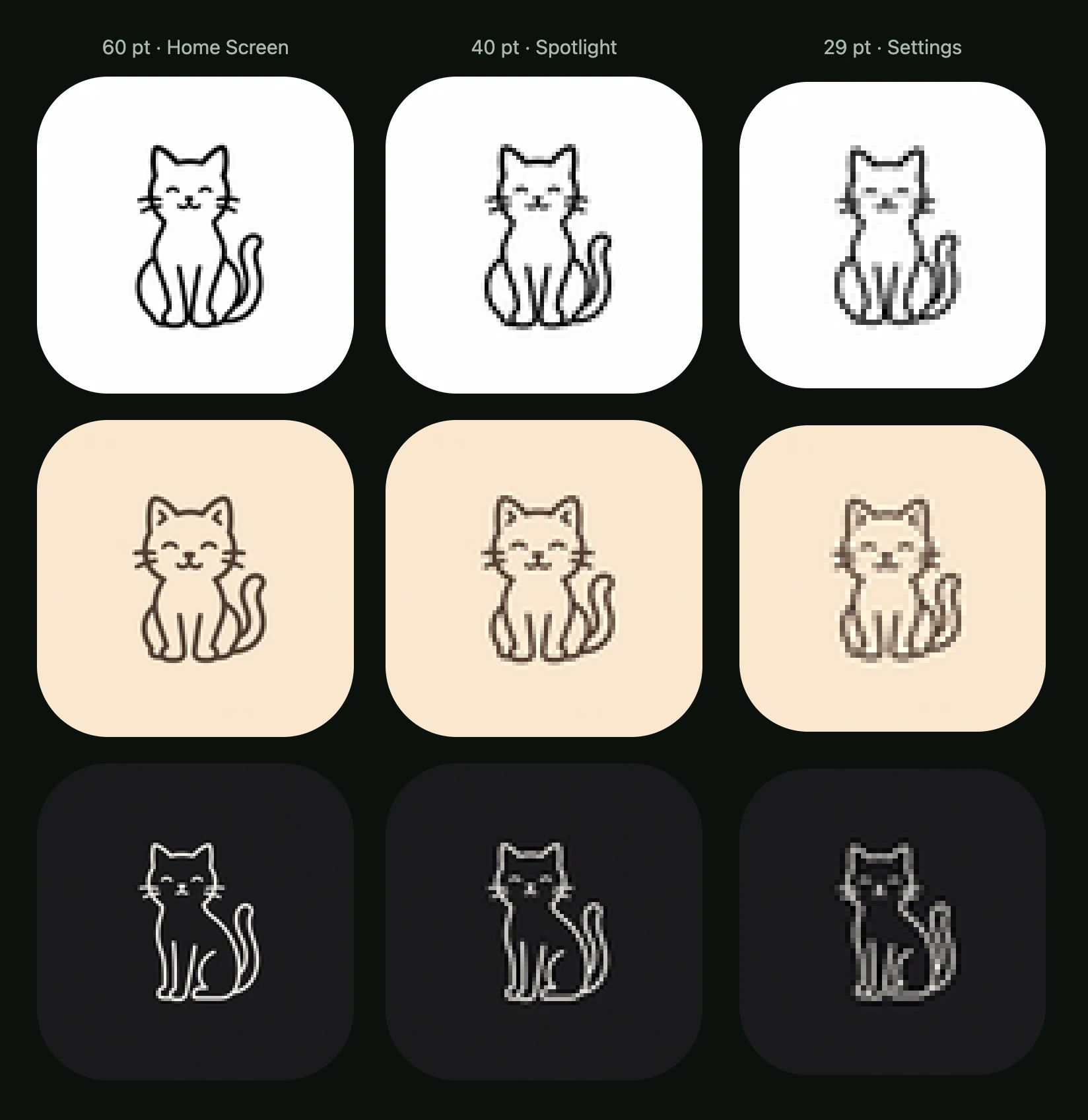 The same cat in Black & white, Light and Dark at 60, 40 and 29 pt, enlarged: the thin line holds in black and fades in Dark