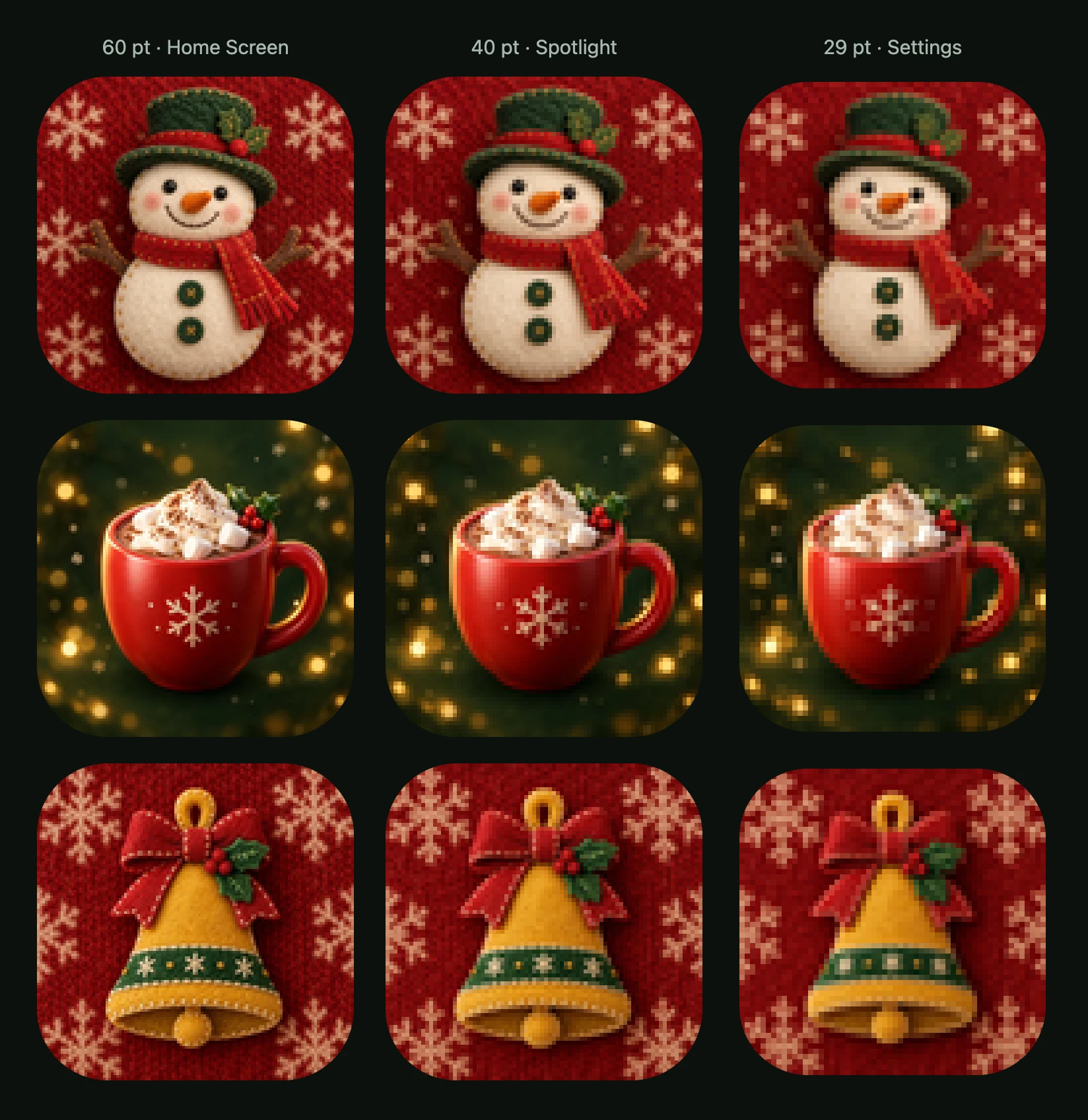 A felt snowman, a Cozy ornament hot cocoa mug and a felt bell at 60, 40 and 29 pt, enlarged: the shapes hold, while stitching, holly berries and golden lights fade