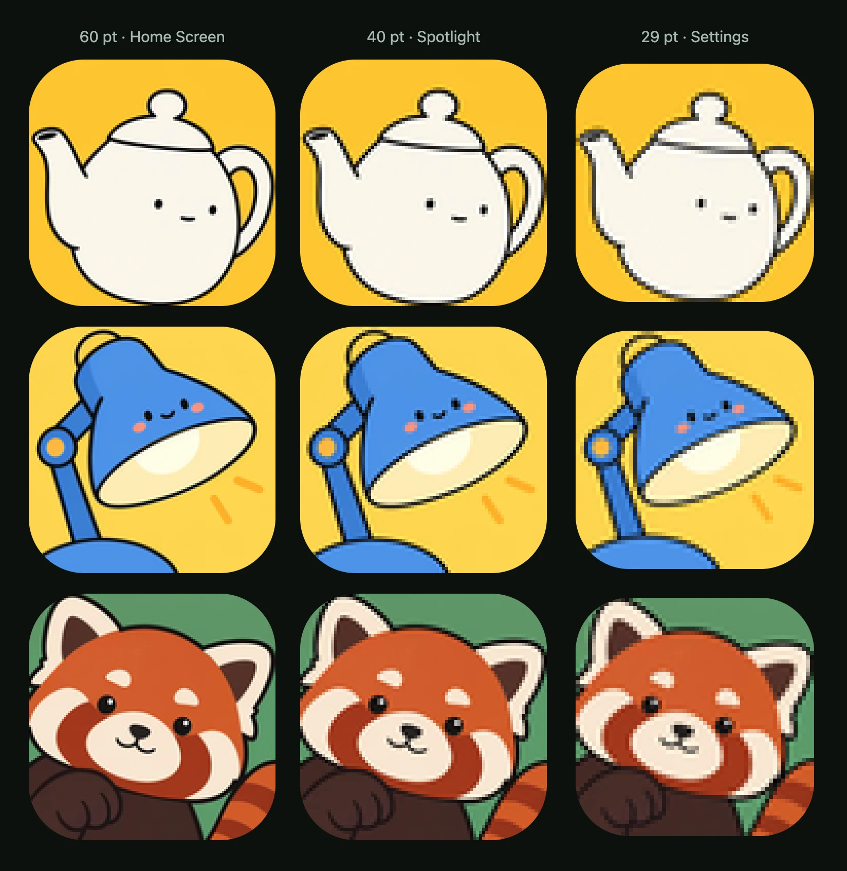 A teapot, a desk lamp and a red panda at 60, 40 and 29 pt, enlarged: the shapes hold, the teapot's face shrinks to dots and the lamp's blush marks to specks