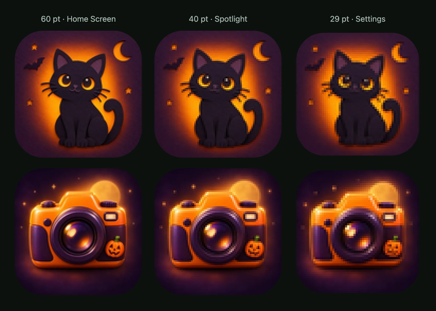 A Paper-cut glow cat and a Candy night camera at 60, 40 and 29 pt, enlarged: the main shapes hold, the small accents lose detail