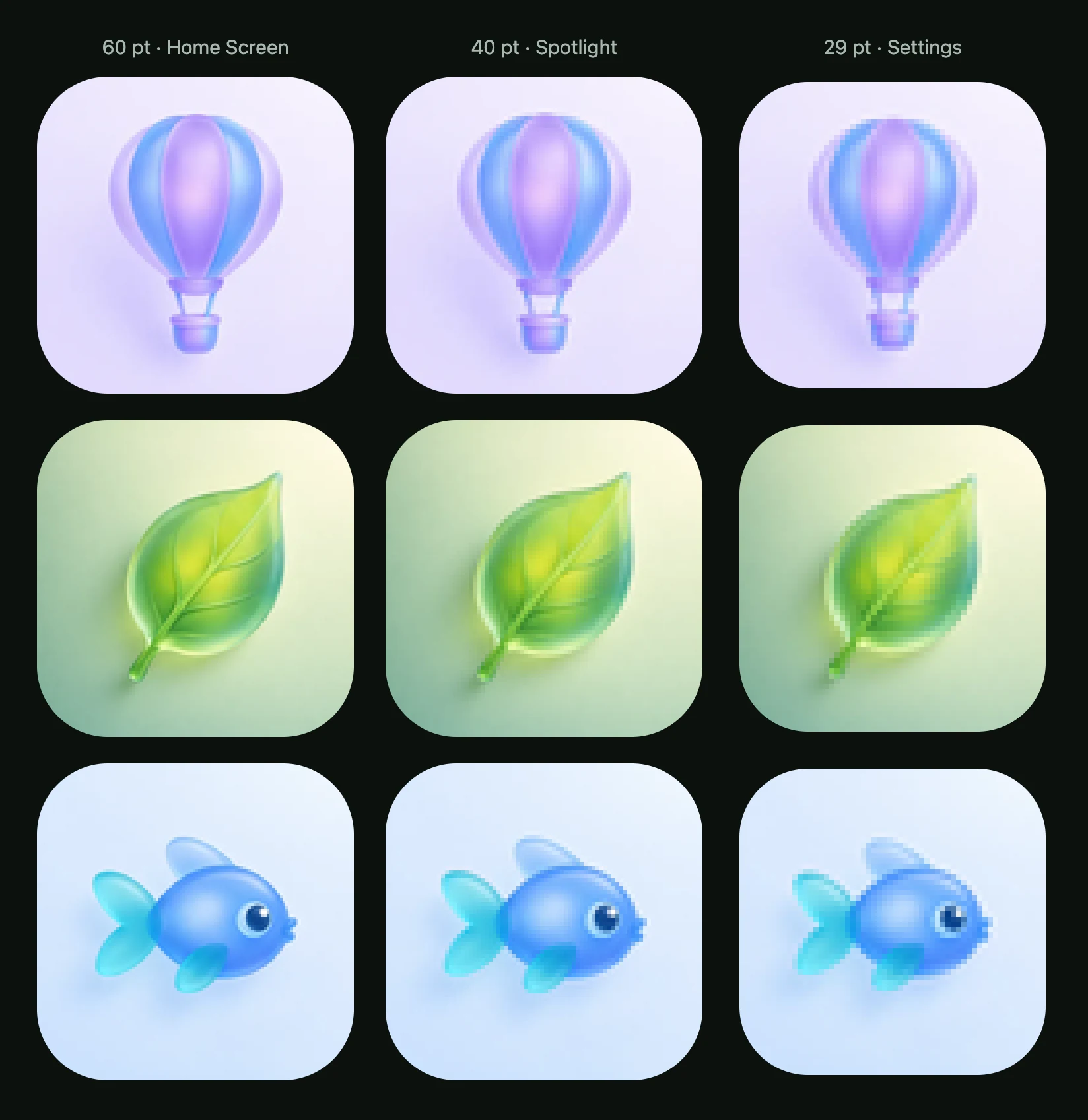 A glass hot-air balloon, leaf and fish at 60, 40 and 29 pt, enlarged: the glow holds, while the balloon's ropes, the leaf's veins and the fish's pale top fin fade